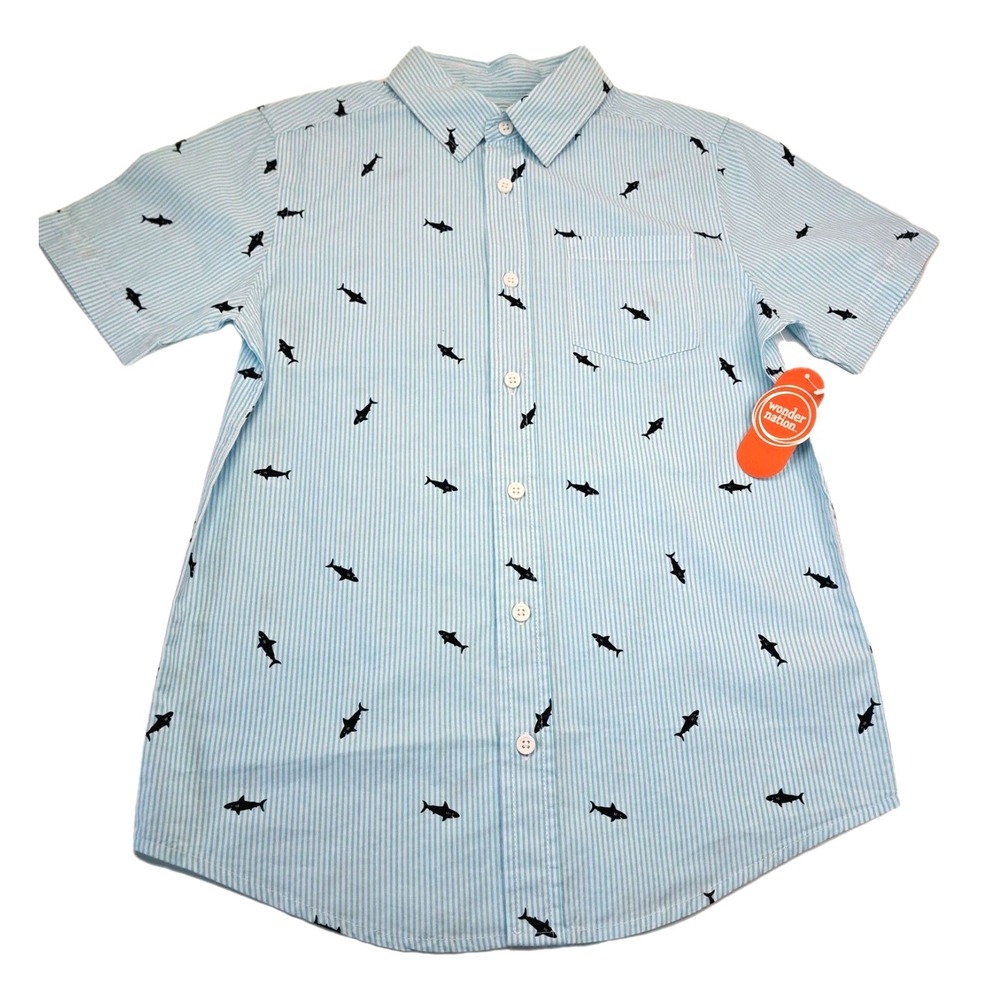 Wonder Nation Sharks Button Down Shirt Boys L (10-12) Short Sleeve Stripes Beach